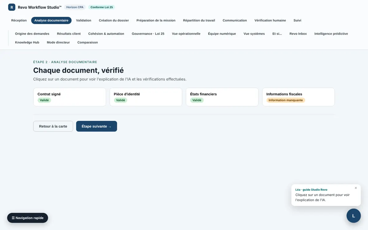 Capture de la démonstration Workflow Studio (données fictives)